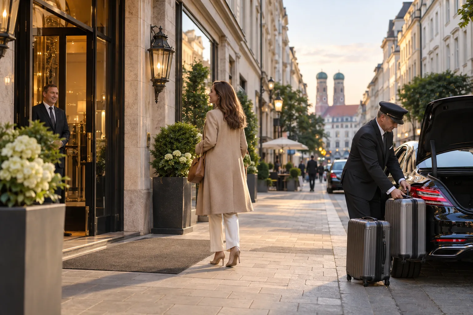Private transfer arriving at a central Munich hotel