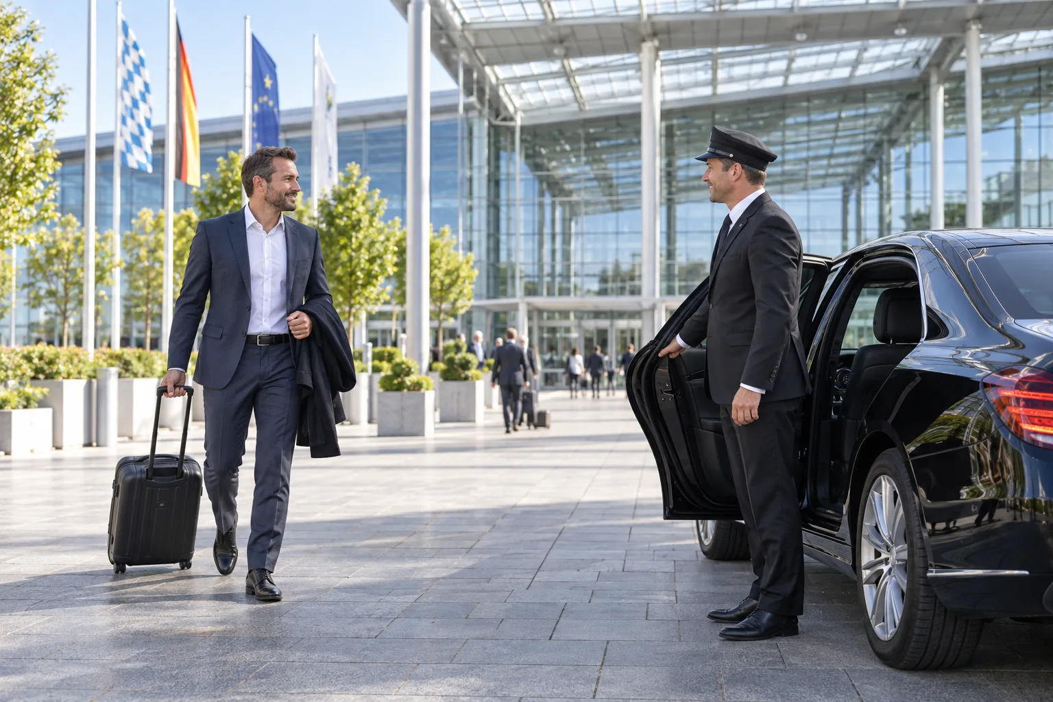 Business traveller arriving by transfer at Messe München
