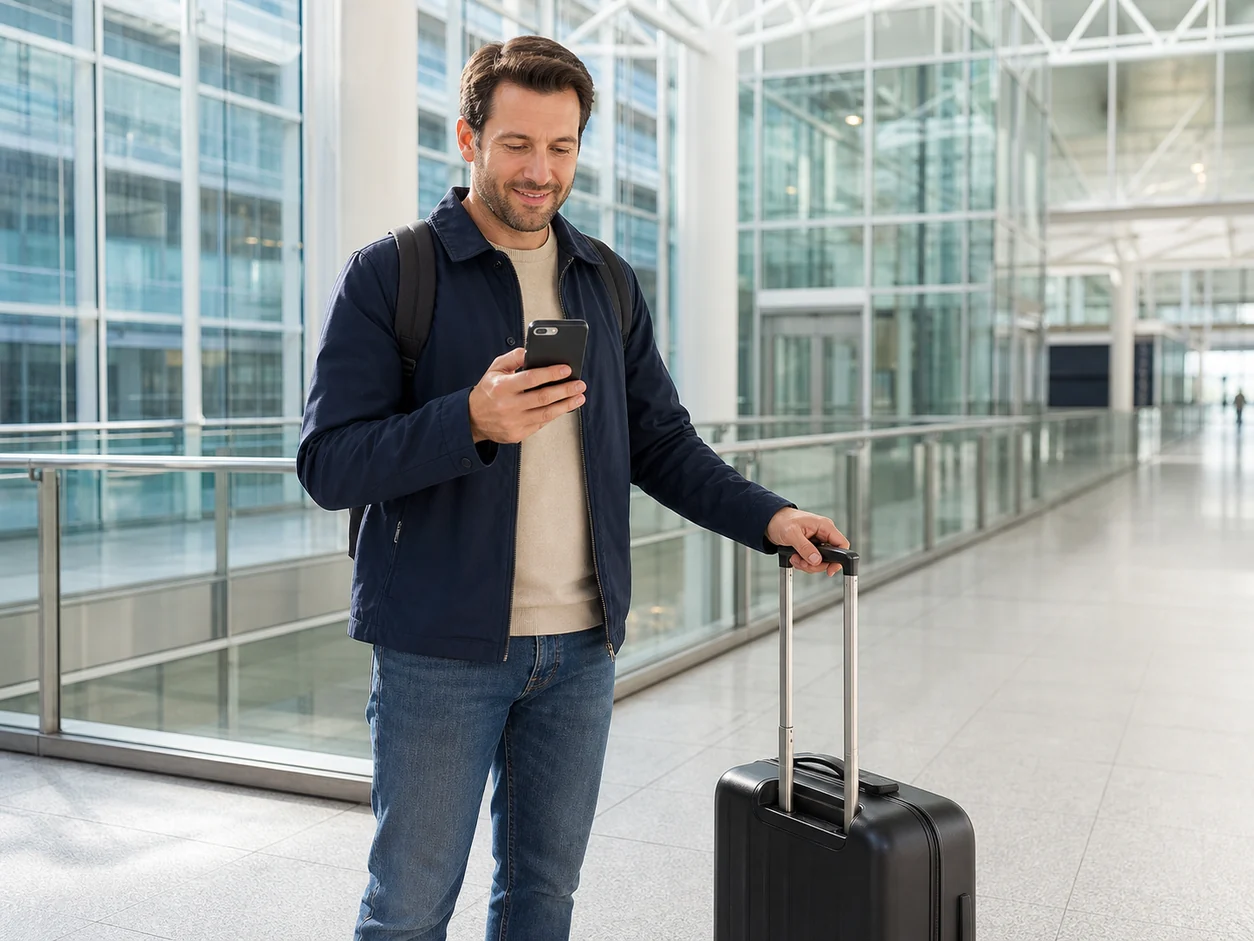 Traveller checking the transfer voucher after baggage reclaim at Munich Airport