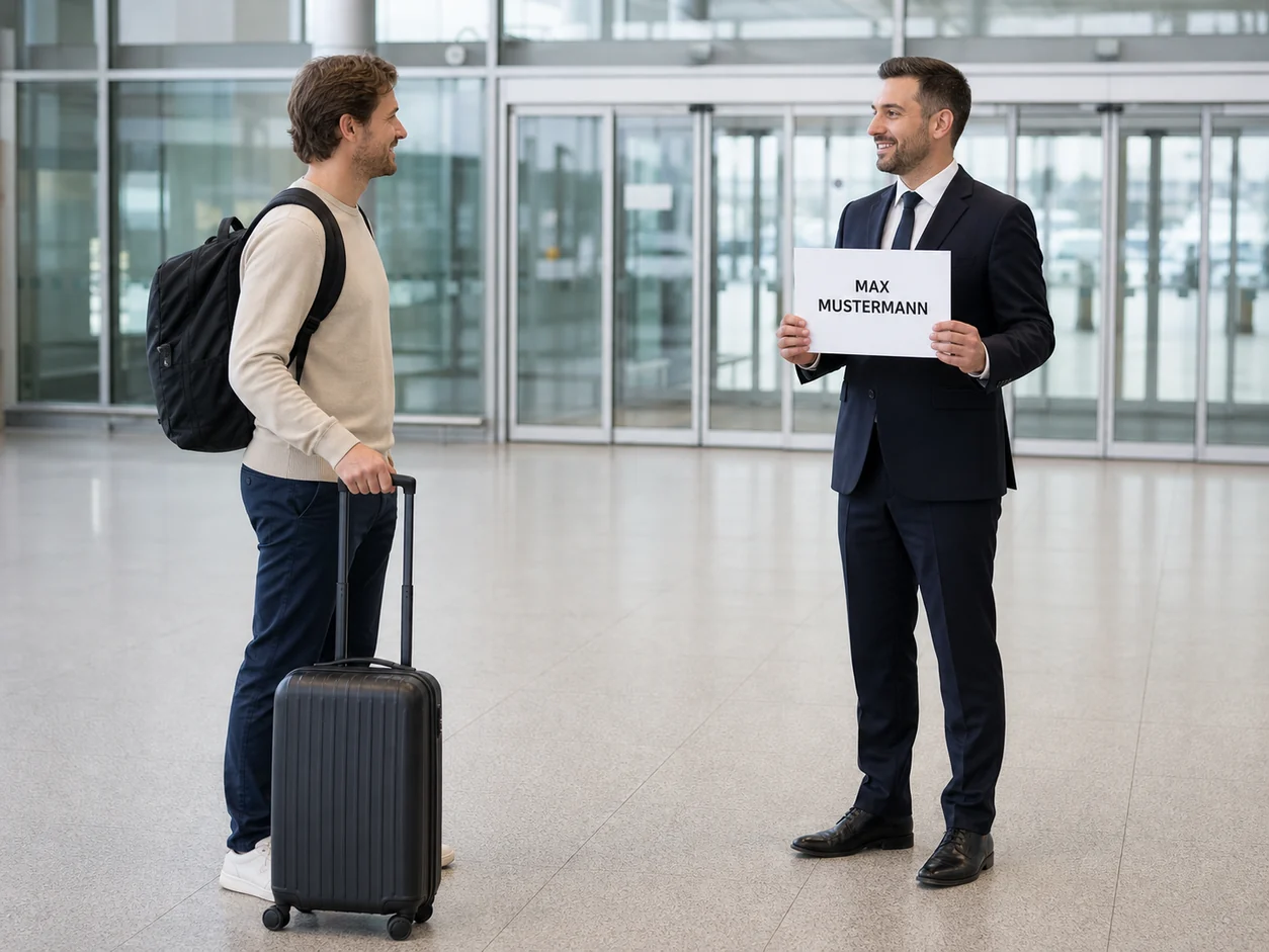 Transfer driver welcoming a traveller with a name sign in the public arrivals hall