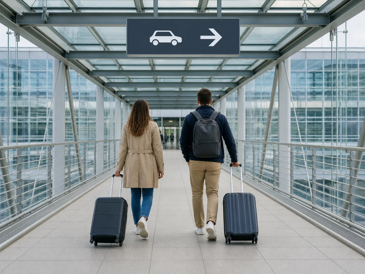 Travellers following the confirmed route to a pickup area at Munich Airport